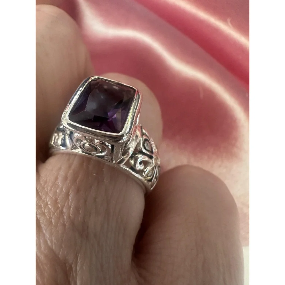 VTG 925 Sterling Silver Amethyst Ring Womens‎ Cushion Bezel Filigree Bali Style